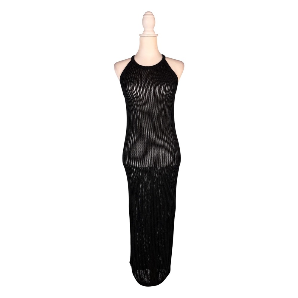 Tahari Black Open Knit Dress S Sleeveless Dark Gothic Casual Sexy Sirencore Chic - Picture 1 of 8